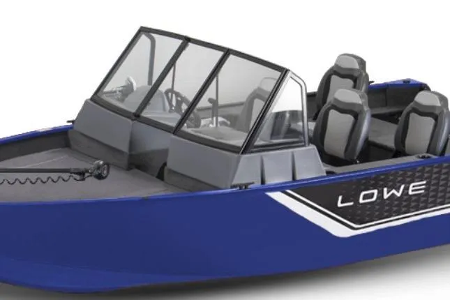 The Image of 2026 Lowe Fishing Machine 1625WT, blue boat with windshield and seating, ideal for fishing. - 1