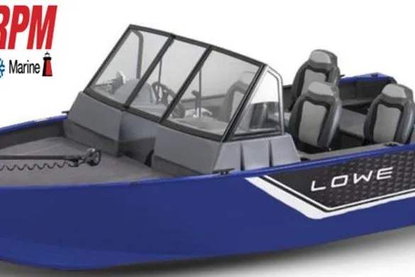 Slide: The Image of 2027 Lowe Fishing Machine 1625WT boat, blue exterior, dual seats, windshield, RPM Marine logo. - 2