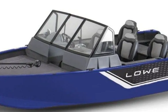 Slide: The Image of 2027 Lowe Fishing Machine 1625WT, blue boat with windshield and seating. - 5