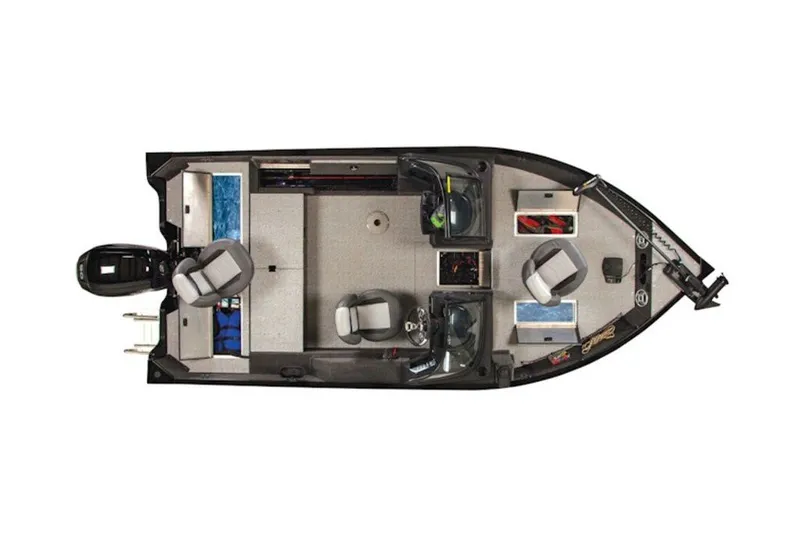 Slide: The Image of Top view of 2027 Lowe Fishing Machine 1675WT boat layout with seating and storage. - 55