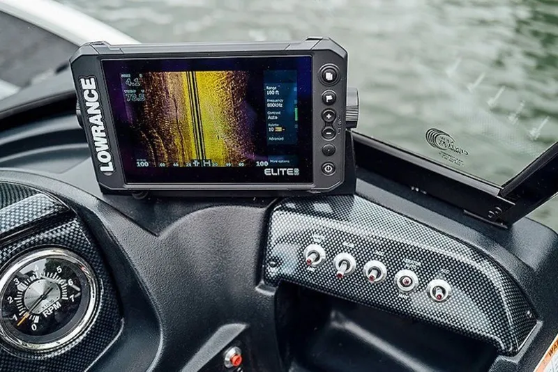 Slide: The Image of Dashboard of 2027 Lowe Fishing Machine 1675WT with Lowrance Elite fish finder. - 59