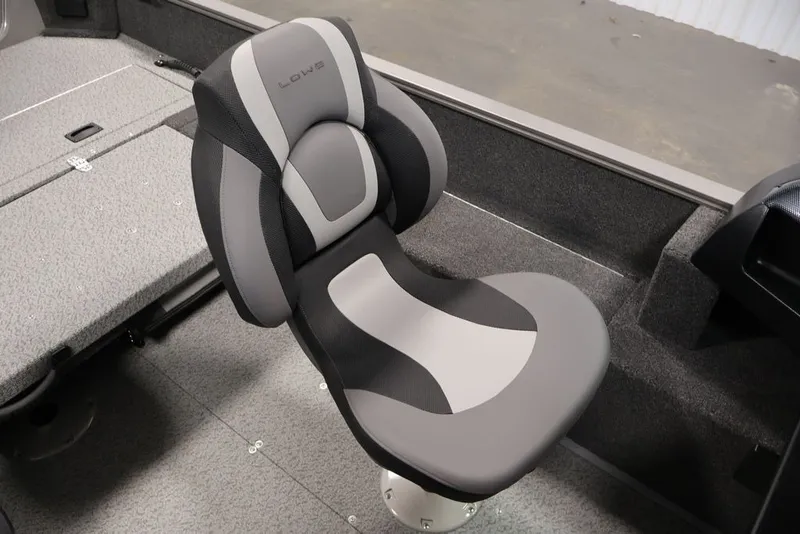 Slide: The Image of 2027 Lowe Fishing Machine 1675WT boat seat, gray and black ergonomic design. - 43