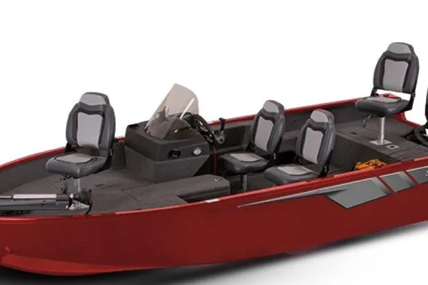 Slide: The Image of 2026 Lowe Fishing Machine 1775SC, red boat with four seats, ideal for fishing trips. - 1