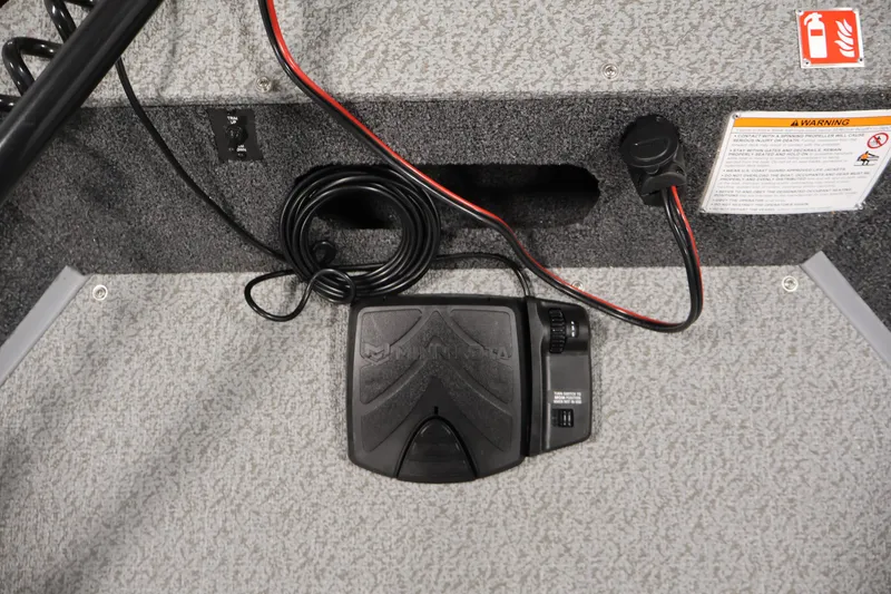 Slide: The Image of Foot pedal and wiring on 2027 Lowe Fishing Machine 1775SC boat deck. - 11