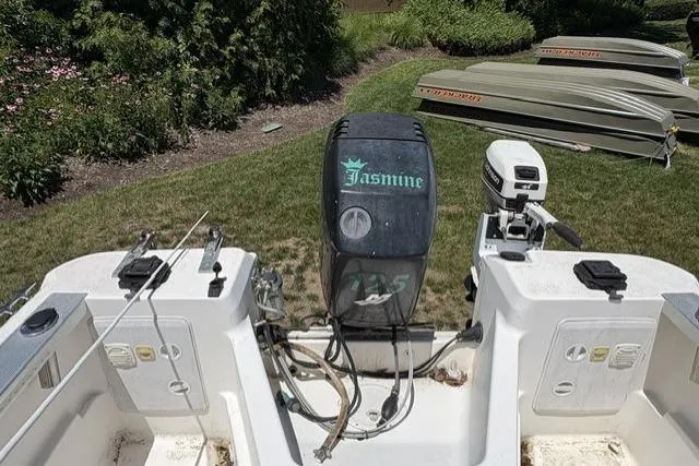 Slide: The Image of 2006 Trophy 1802 Walkaround boat engine and controls on grassy area. - 6