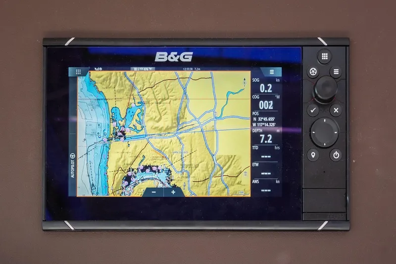 Slide: The Image of B&G navigation system on 2019 Nautitech 46 Open, displaying nautical chart and controls. - 16