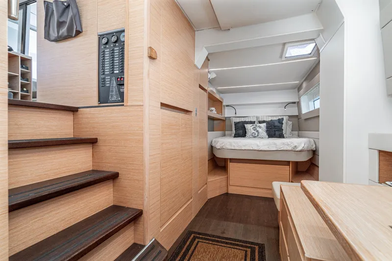 Slide: The Image of Interior of 2019 Nautitech 46 Open catamaran with cozy bedroom and wooden finishes. - 32