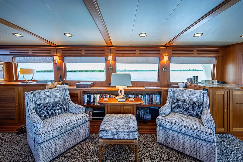 Slide: The Image of Luxurious interior of 2014 Marlow 80 Explorer yacht with elegant seating and ocean view. - 18