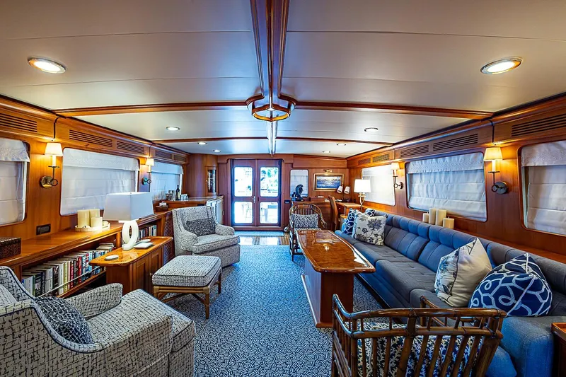 Slide: The Image of Luxurious interior of 2014 Marlow 80 Explorer yacht with elegant seating and wooden accents. - 20