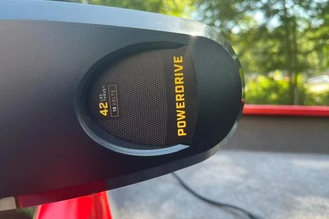 Slide: The Image of PowerDrive motor on 2026 Tracker Pro Guide V-16 SC boat, close-up view. - 11