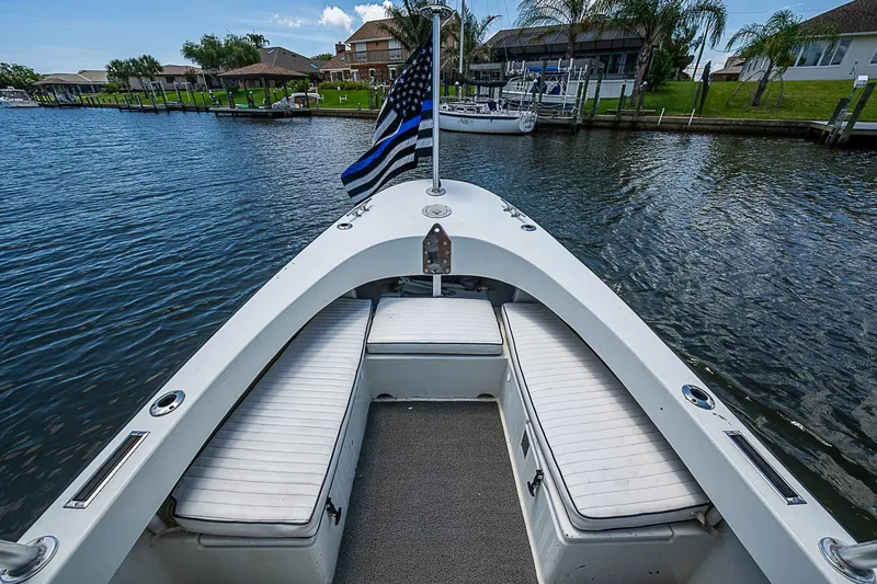 Slide: The Image of 1969 custom boat with white seating, blue-striped flag, docked in a scenic waterfront area. - 15