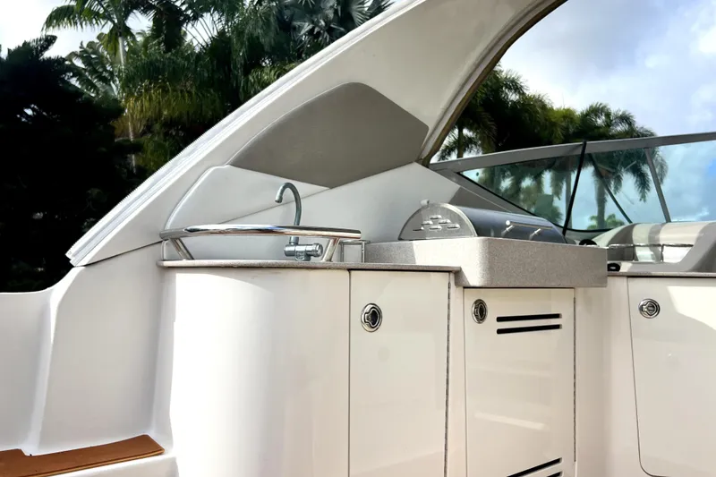 Slide: The Image of 2007 Sea Ray Sundancer 310 yacht with outdoor sink and grill, surrounded by lush greenery. - 19