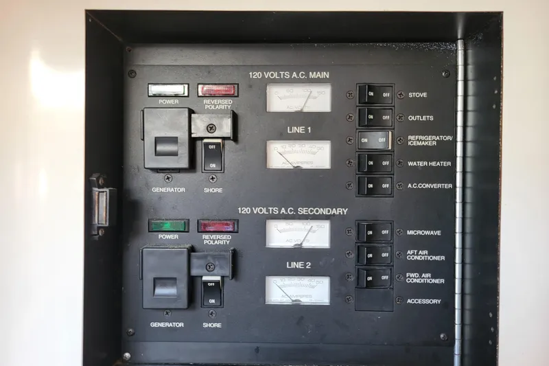 Slide: The Image of Electrical panel of a 1995 Sea Ray Sundancer 370 boat, showing switches and meters. - 19