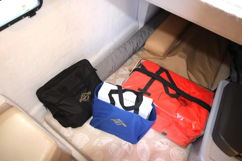 Slide: The Image of Interior cabin of 2013 Ranger Tugs R-31 CB with storage bags on bed. - 28