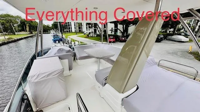 Slide: The Image of Flybridge of 2022 Greenline 48 yacht with covered seating and table, docked by a canal. - 21