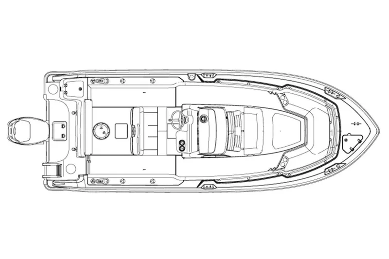 Slide: The Image of Top view of a Boston Whaler 230 Outrage boat layout with helm and seating areas. - 25