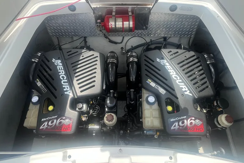 Slide: The Image of Twin Mercury MerCruiser 496 MAG HO engines in a 2007 Cobalt 343 boat. - 23
