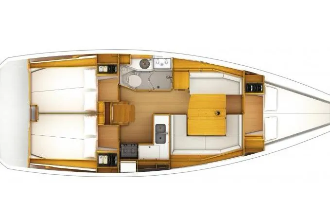 Slide: The Image of Floor plan of a 2015 Jeanneau Sun Odyssey 379 sailboat, featuring cabins and a galley. - 57