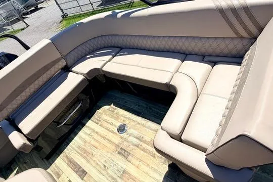 Slide: The Image of Luxurious seating on 2020 Crest Savannah 250 SLS pontoon boat with elegant upholstery. - 11