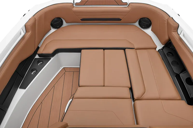 Slide: The Image of Manufacturer Provided Image: 2026 Yamaha Boats 295SD interior with tan leather seating and sleek design. - 23