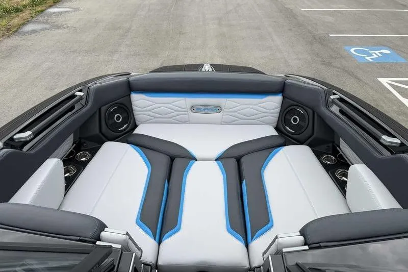 Slide: The Image of 2026 Supra SA boat interior with stylish seating and premium audio system. - 18