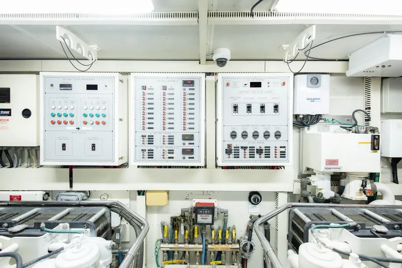 Slide: The Image of Engine room of 2008 Hargrave Enclosed Skylounge MY with control panels and equipment. - 56