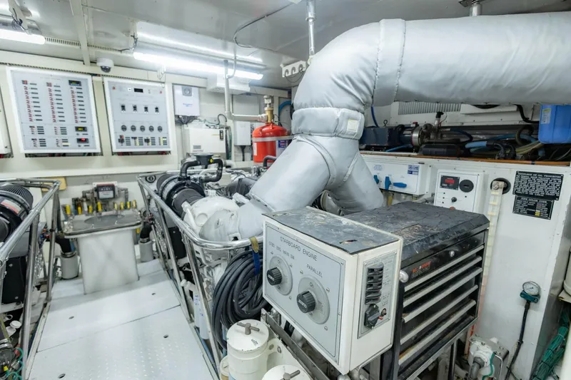 Slide: The Image of Engine room of 2008 Hargrave Enclosed Skylounge MY yacht, featuring control panels and machinery. - 60