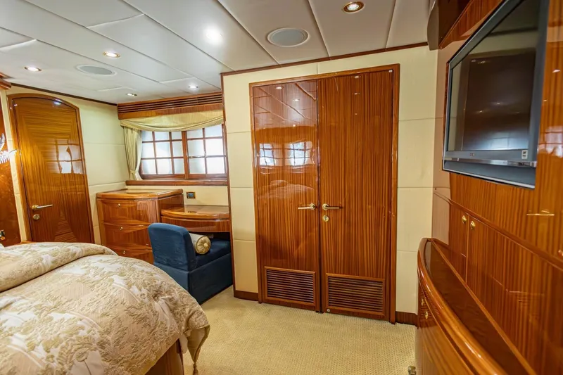 Slide: The Image of Luxurious 2008 Hargrave Enclosed Skylounge MY yacht bedroom with elegant wood finishes. - 23