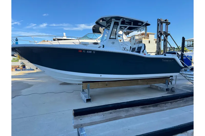 The Image of 2023 Tidewater 232 LXF boat on a lift, blue hull, sunny day. - 0