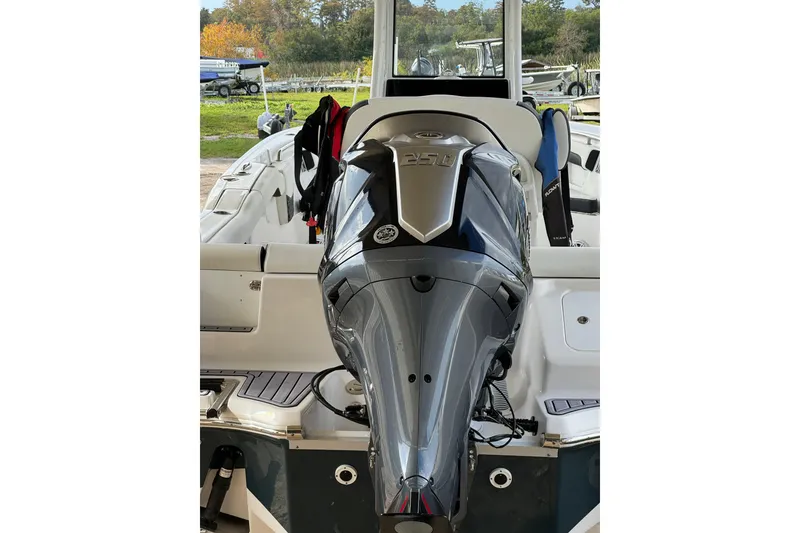 Slide: The Image of 2023 Tidewater 232 LXF boat with powerful 250 horsepower engine, docked outdoors. - 2