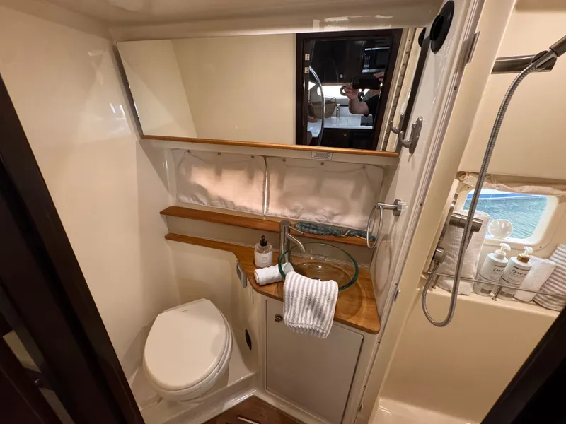 Slide: The Image of Bathroom in a 2018 Sea Ray Sundancer 350 with toilet, sink, and shower. - 35