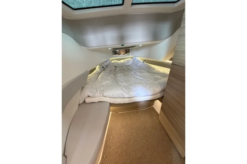 Slide: The Image of Luxurious interior cabin of 2025 Saxdor 320 GTC with cozy bedding and modern design. - 29