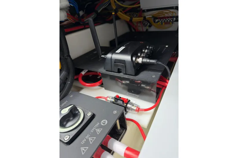 Slide: The Image of Electrical system of 2025 Saxdor 320 GTC boat, featuring wiring and control units. - 43