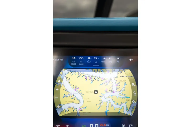 Slide: The Image of 2024 Tigé Z5 boat dashboard displaying navigation map and system information. - 23