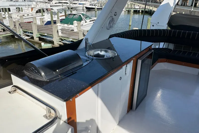 Slide: The Image of Outdoor kitchen on 2001 Navigator Yacht 5600 Pilothouse Classic, featuring grill and sink. - 21