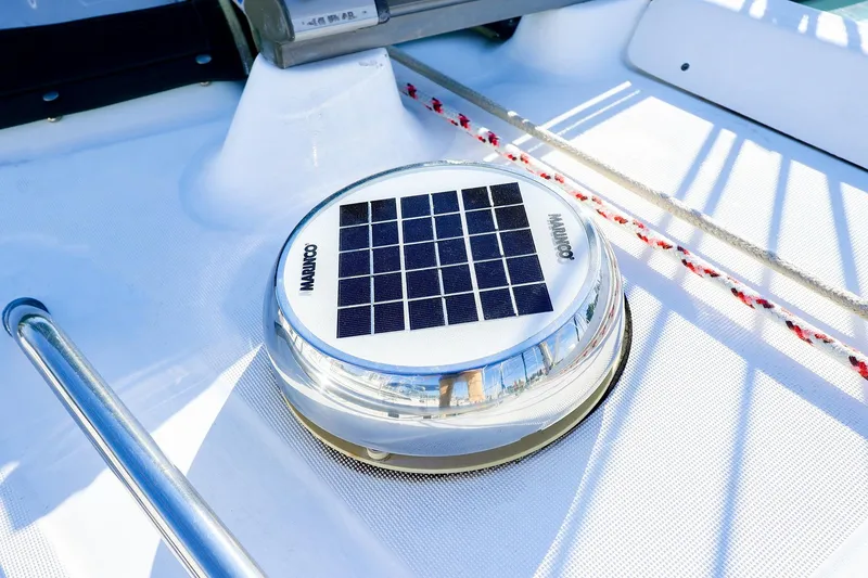 Slide: The Image of Solar-powered vent on 2002 Beneteau Oceanis Clipper 361 yacht deck. - 32