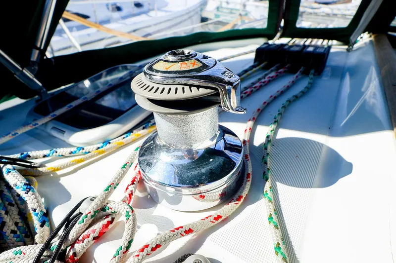 Slide: The Image of Close-up of winch and ropes on 2002 Beneteau Oceanis Clipper 361 sailboat deck. - 22