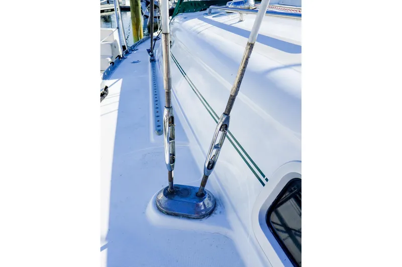 Slide: The Image of Deck view of 2002 Beneteau Oceanis Clipper 361 sailboat, showcasing rigging details. - 19