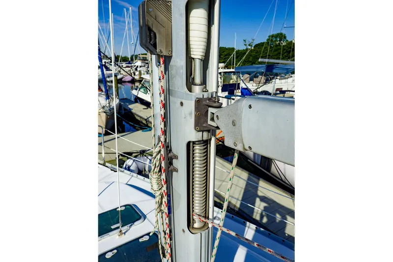 Slide: The Image of Close-up of a 2002 Beneteau Oceanis Clipper 361 sailboat mast with rigging details. - 26
