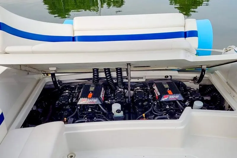 Slide: The Image of 2001 Formula 280 Sun Sport boat engine compartment with twin 350 MAG MPI engines. - 19