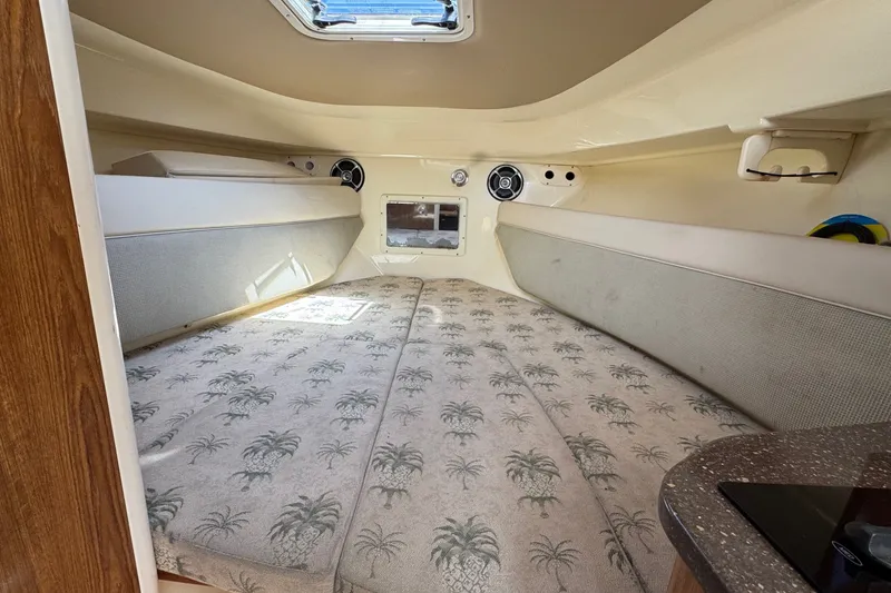 Slide: The Image of Interior cabin of 2008 Scout 295 Abaco boat with patterned cushions and speakers. - 33