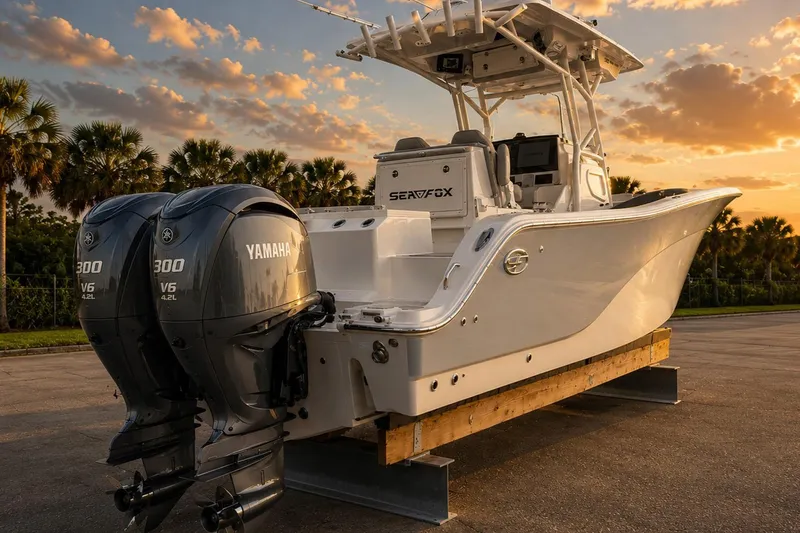 Slide: The Image of Sea Fox 228 Commander boat with Yamaha engines at sunset, 2002 model. - 2