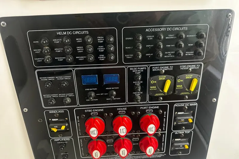 Slide: The Image of Control panel of a 2002 Sea Fox 228 Commander boat with various circuit switches. - 36