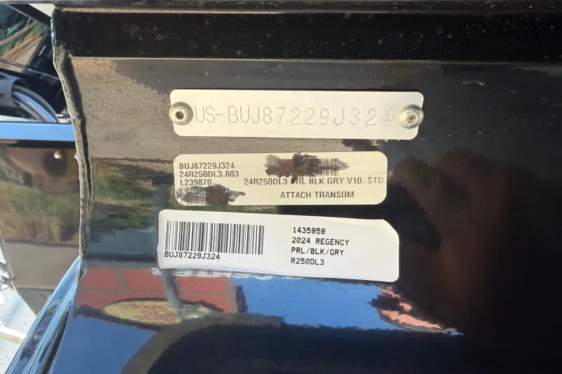 Slide: The Image of 2024 Regency 250 DL3 boat identification plate with serial numbers and model details. - 22