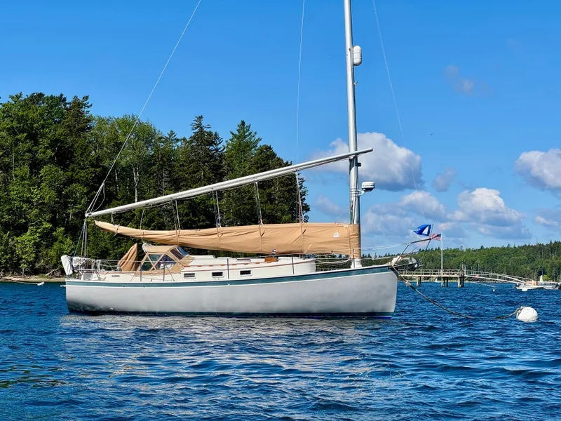 The Image of Sailboat Nonsuch 30 Ultra 1989 moored on a sunny day with forested shoreline. - 0