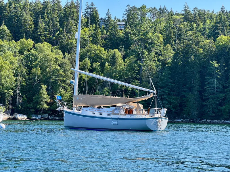 Slide: The Image of Sailboat Nonsuch 30 Ultra, 1989 model, anchored near lush forested shoreline. - 6