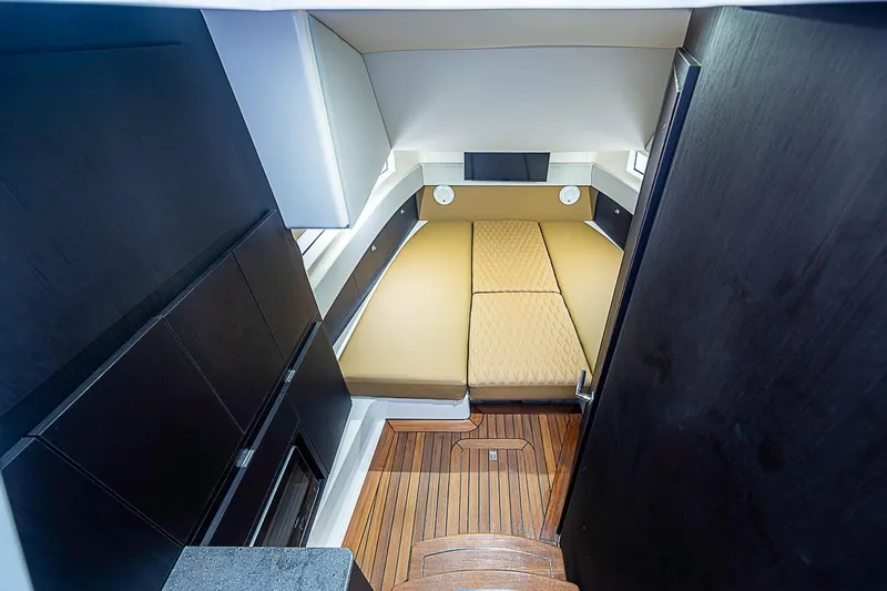 Slide: The Image of Luxurious cabin interior of 2021 Gulf Crosser 52 yacht with elegant wood flooring. - 14