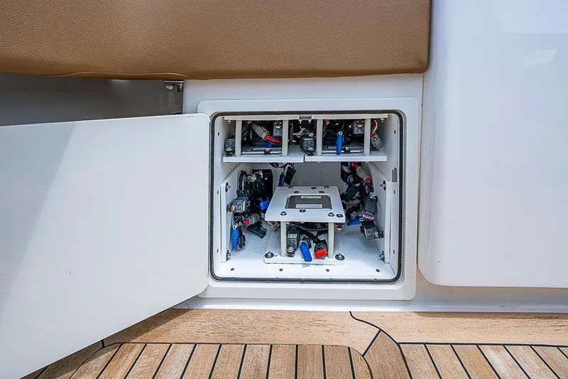 Slide: The Image of Electrical compartment of 2021 Gulf Crosser 52 yacht, showcasing wiring and components. - 32