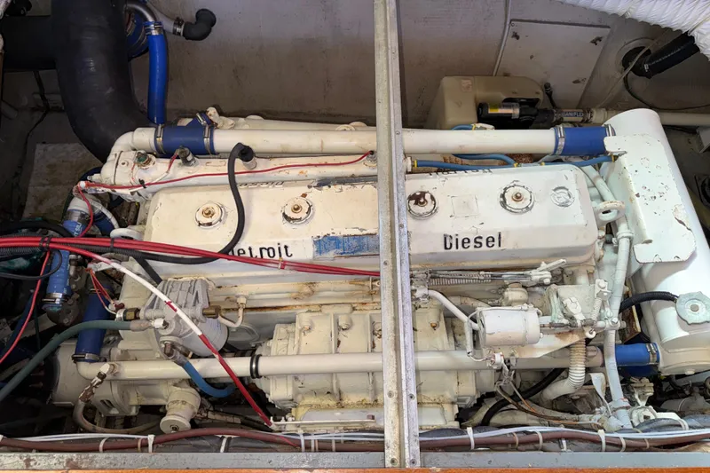 Slide: The Image of Engine compartment of a 1981 Hatteras 43 Motor Yacht with Detroit Diesel engine. - 73