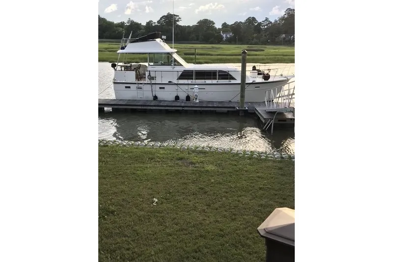 Slide: The Image of 1981 Hatteras 43 Motor Yacht docked by a grassy shoreline. - 1